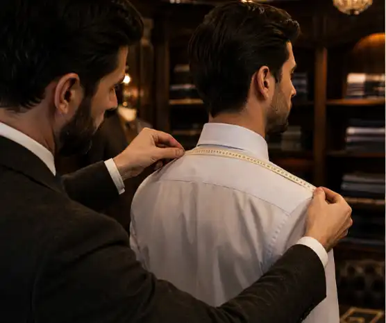 Tailor measuring a shirt collar