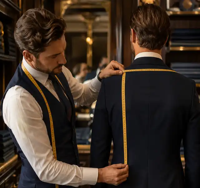 Tailor taking precise suit measurements
