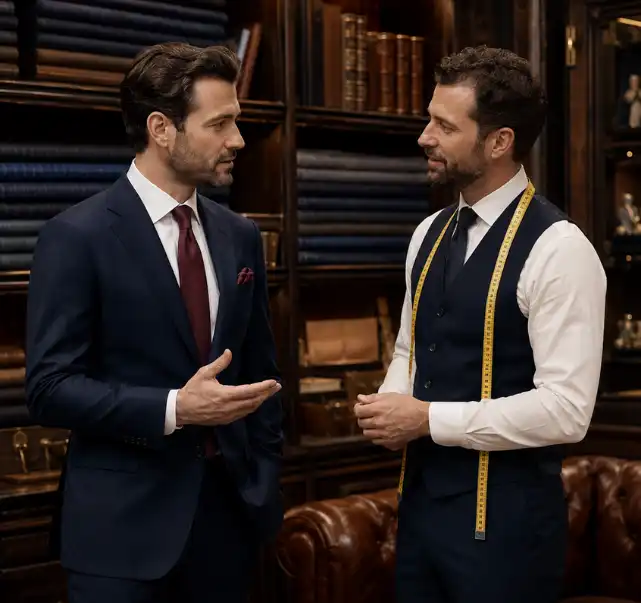 Tailor discussing custom suit requirements with a client