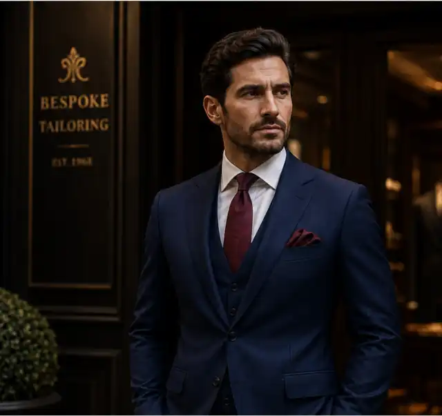 Client wearing his completed custom navy suit