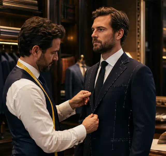 Client attending a custom suit fitting