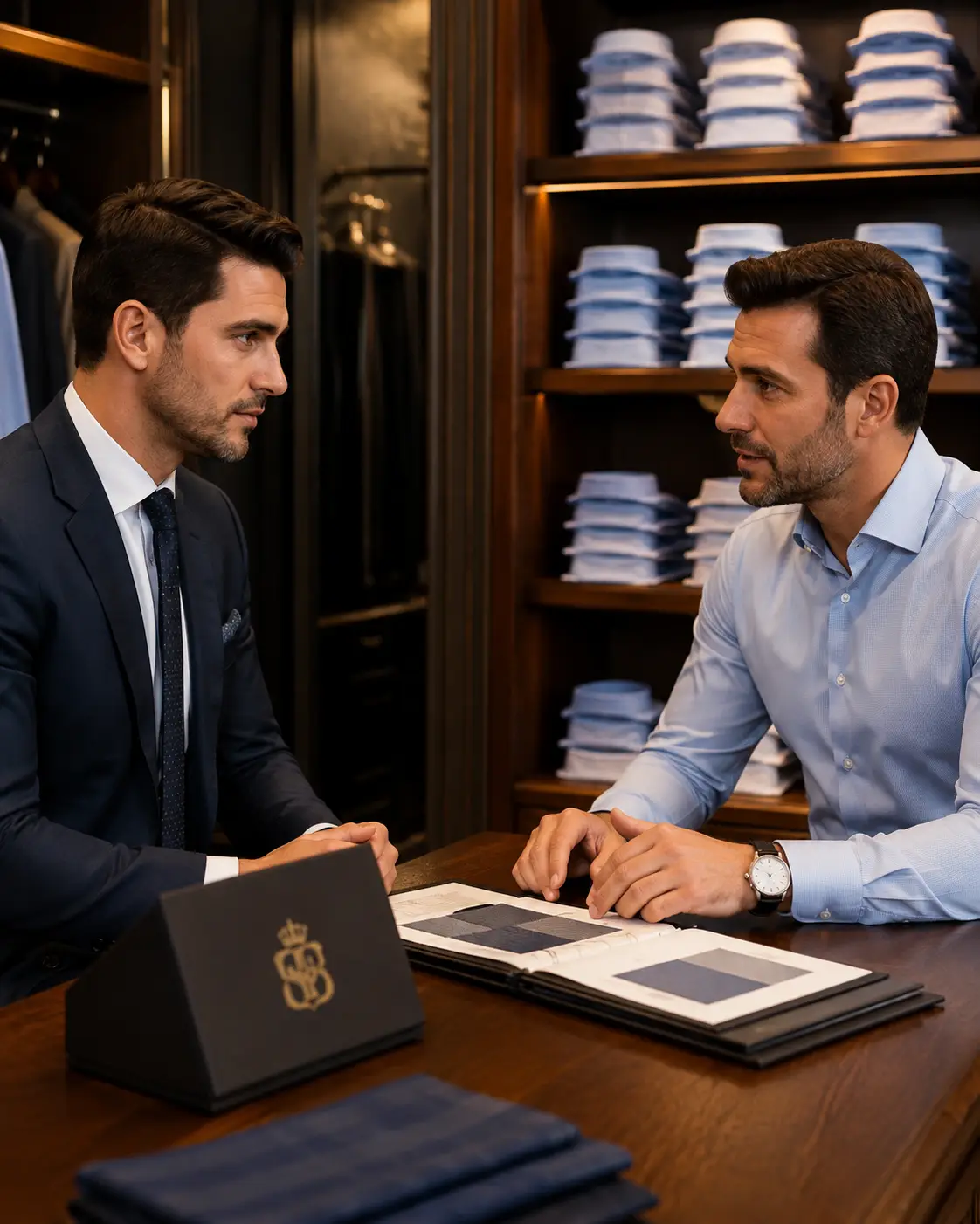 Wedding suit consultation between tailor and groom