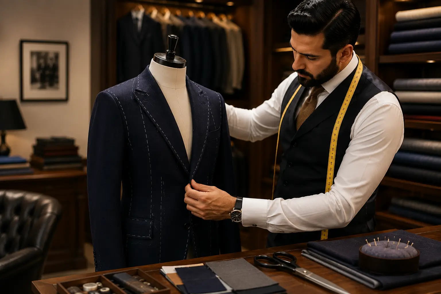 Tailor taking precise groom suit measurements