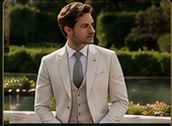 Ivory suit for a daytime garden wedding