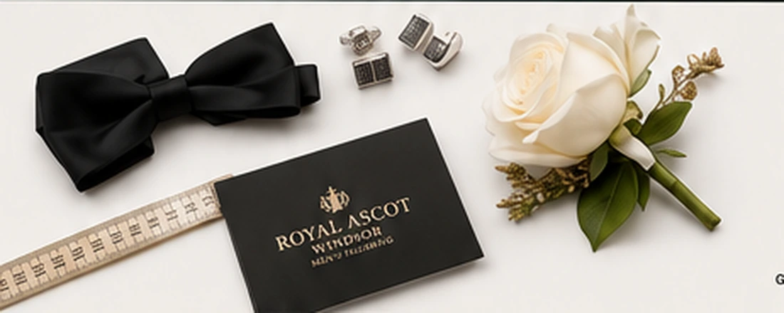Wedding bow tie, cufflinks, boutonniere and Royal Ascot tailoring card